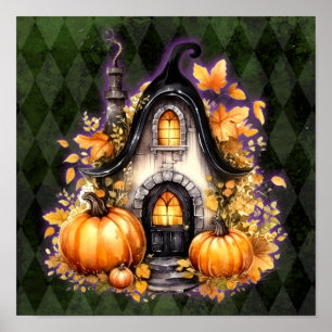 Halloween Gothic Fall Fairy Cottage Grönt Argyle Poster