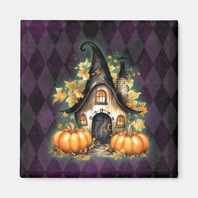 Halloween Gothic Fall Fairy Cottage Lila Argyle Magnet (Framsidan)