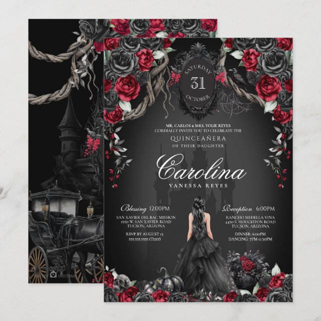 Halloween Gothic Princess Red & Black Quinceanera Inbjudningar (Fram/baksida)