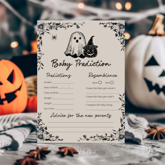 Halloween Gothic Vintage Baby Förutsägelselek (Black Floral Gothic Little Boo Baby Shower Baby Predictions Game)