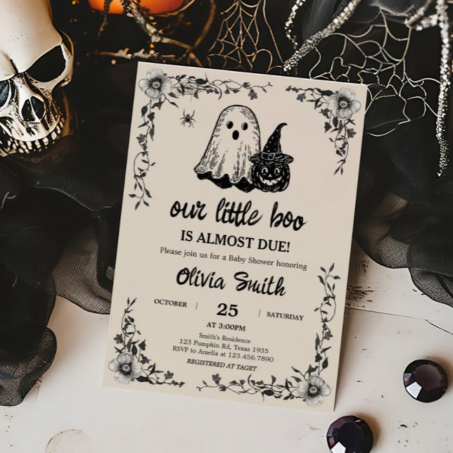 Halloween Gothic Vintage Baby Shower Inbjudningar (Black Floral Gothic Little Boo Baby Shower Invitation)