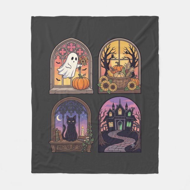 Halloween gotisk fönster spökpumpa svart katt Ha Fleecefilt (Framsidan)