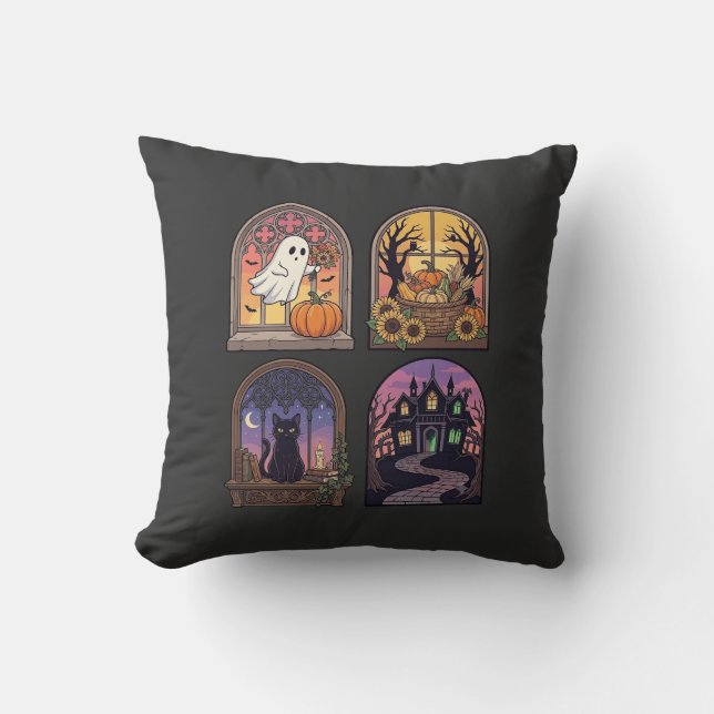 Halloween gotisk fönster spökpumpa svart katt Ha Kudde (Framsida)