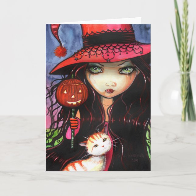 Halloween gotisk häxa katt kort notkort (Framsida)