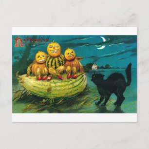 Halloween Gourd Peopl och Cat Vykort