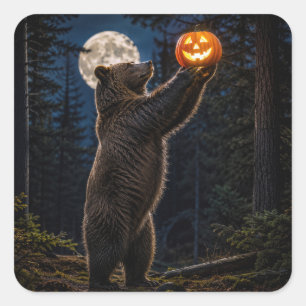 Halloween Gråbjörn Med Jack-o-Lyktan Fyrkantigt Klistermärke