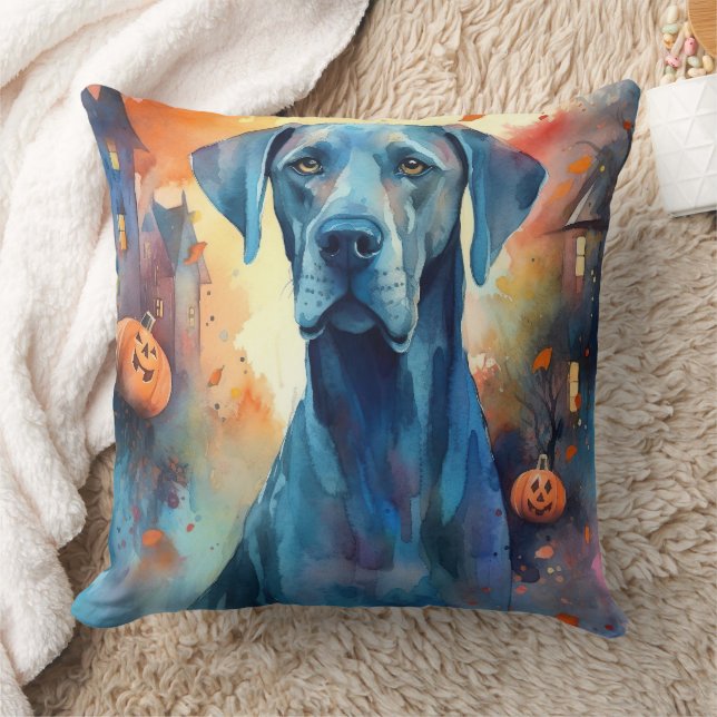 Halloween Grand Danois Med Pumpa Skräck Kudde (Filt)