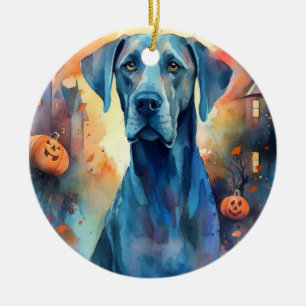 Halloween Grand Danois Med Pumpa Skräckinjagande Julgransprydnad Keramik