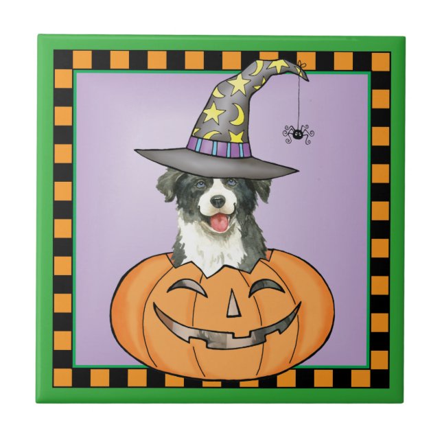 Halloween Gräns Collie Ceramic Tile Kakelplatta (Framsidan)