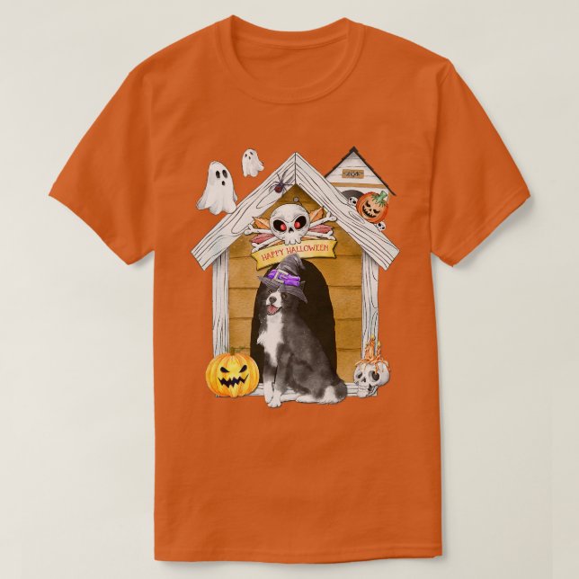 Halloween Gräns Collie Hund Witch Haunted House T Shirt (Design framsida)