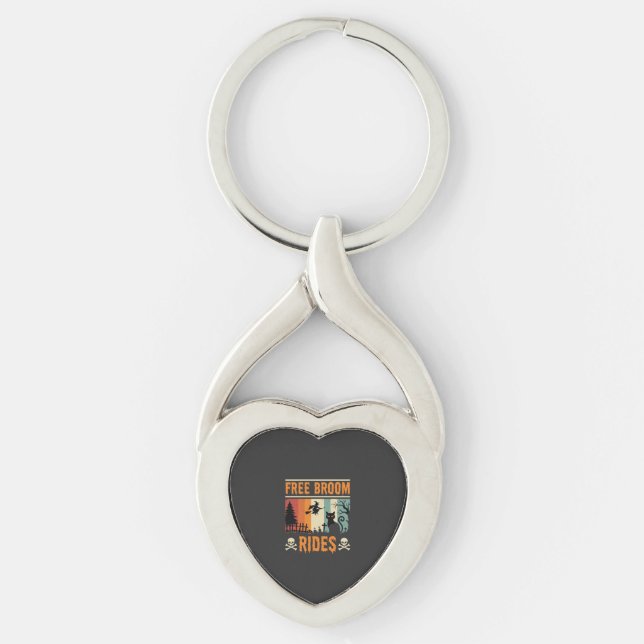 Halloween Gratis Kvast Ritten Häxa Katt Twisted Heart Silverfärgad Nyckelring (Framsidan)
