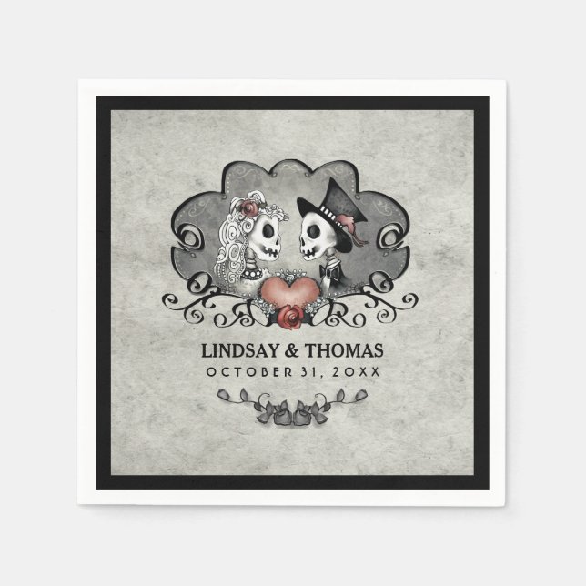 Halloween Grått & Black Skeletons & Heart Bröllop Pappersservett (Framsidan)