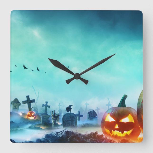Halloween Graveyard Jack-O-Latern Fyrkantig Klocka (Framsida)