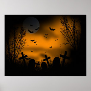 Halloween Graveyard med Fladdermöss och Gravsten Poster