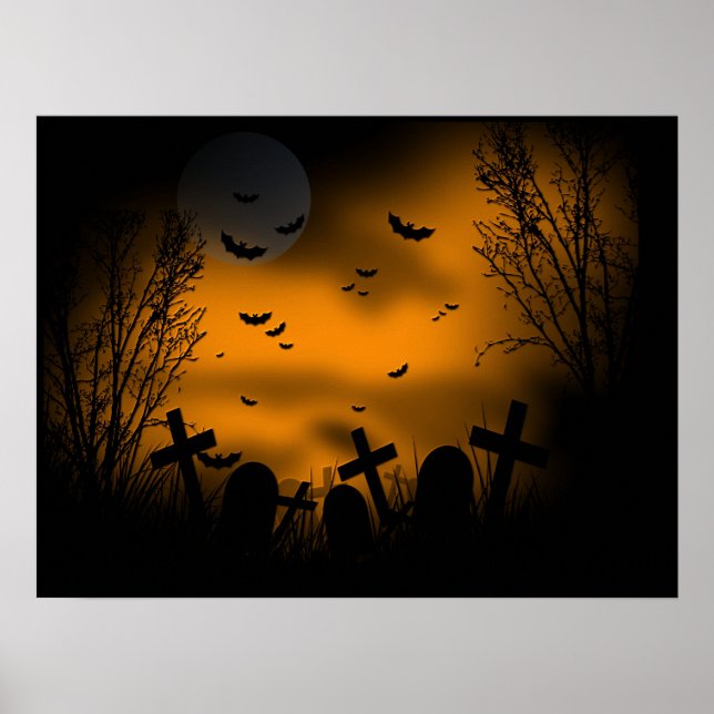 Halloween Graveyard med Fladdermöss och Gravsten Poster (Framsidan)