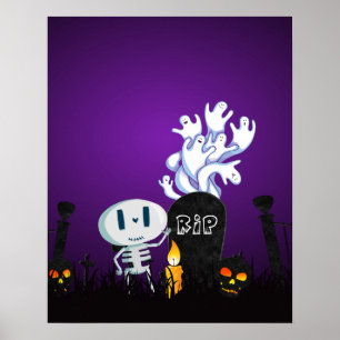 Halloween Graveyard Spooky Cute Skeleton & Spöken Poster
