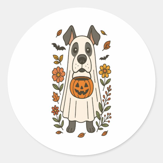 Halloween Great dane Flowers Runt Klistermärke (Framsida)