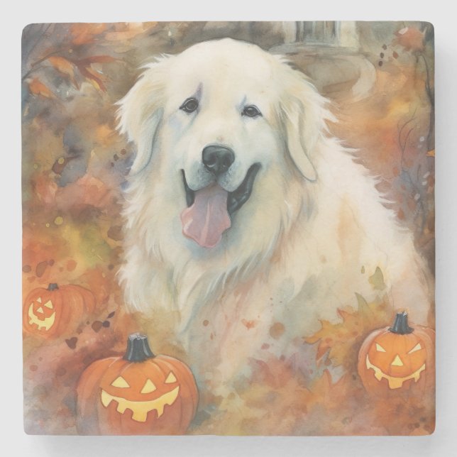 Halloween Great Pyrenees Med Pumpa Skräck Stenunderlägg (Framsidan)