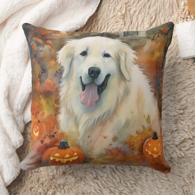 Halloween Great Pyrenees Med Pumpa Skräckinjagande Kudde (Filt)