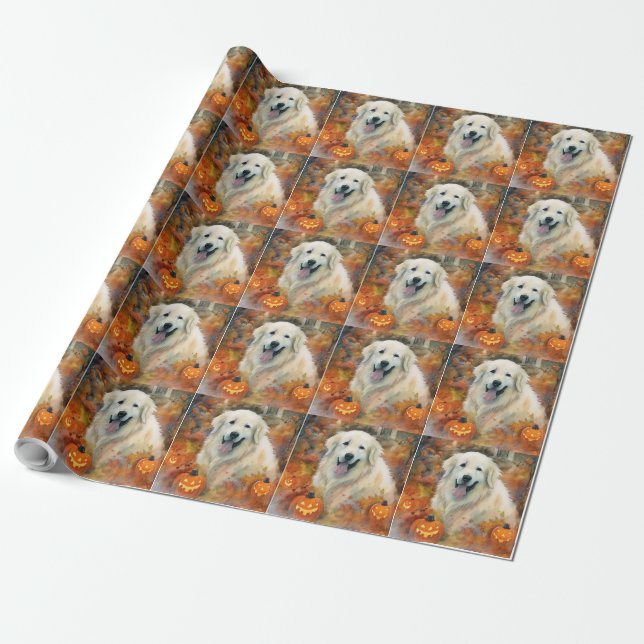 Halloween Great Pyrenees Med Pumpa Skräckinjagande Presentpapper (Utrullad)