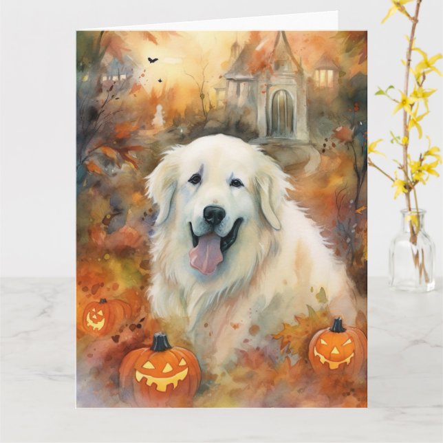 Halloween Great Pyrenees Med Pumpalekarier Skrämma Kort (Gul blomma)