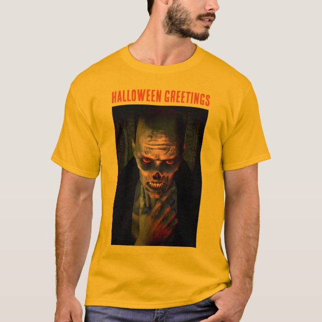 Halloween Greetings. Zombie T Shirt (Framsida)