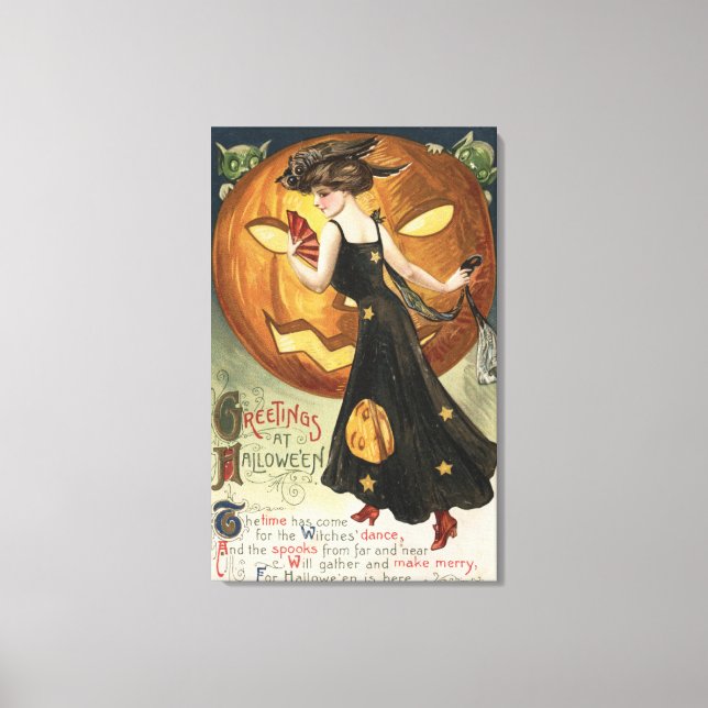 Halloween GreetingWitch Dancing och Pumpkin Canvastryck (Framsida)