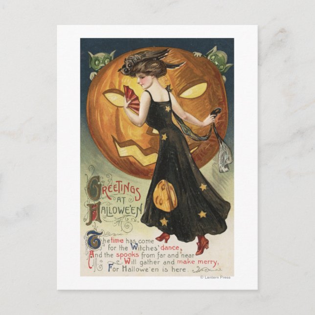 Halloween GreetingWitch Dancing och Pumpkin Vykort (Framsida)