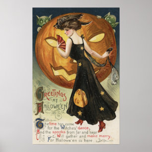 Halloween GreetingWitch dans och pumpa Poster