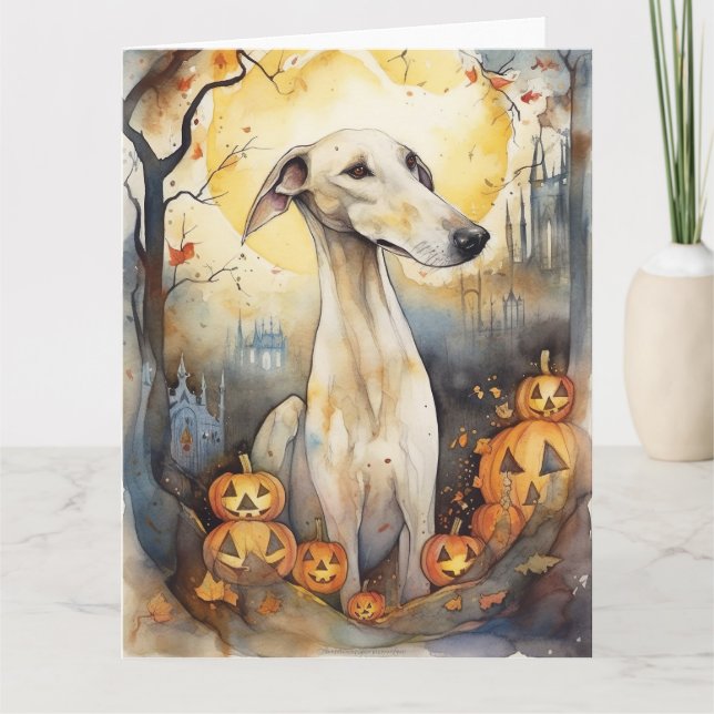 Halloween Greyhound Med Pumpa Skräckinjagande Kort (Framsida)