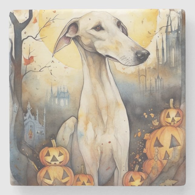 Halloween Greyhound Med Pumpa Skräckinjagande Stenunderlägg (Framsidan)