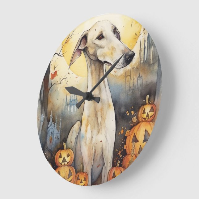 Halloween Greyhound Med Pumpa Skräckinjagande Stor Klocka (Vinkel)