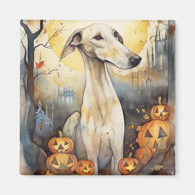 Halloween Greyhound med pumpor Scary Magnet (Framsidan)