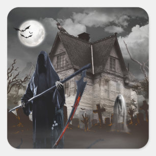 Halloween Grim Reaper House Fyrkantigt Klistermärke