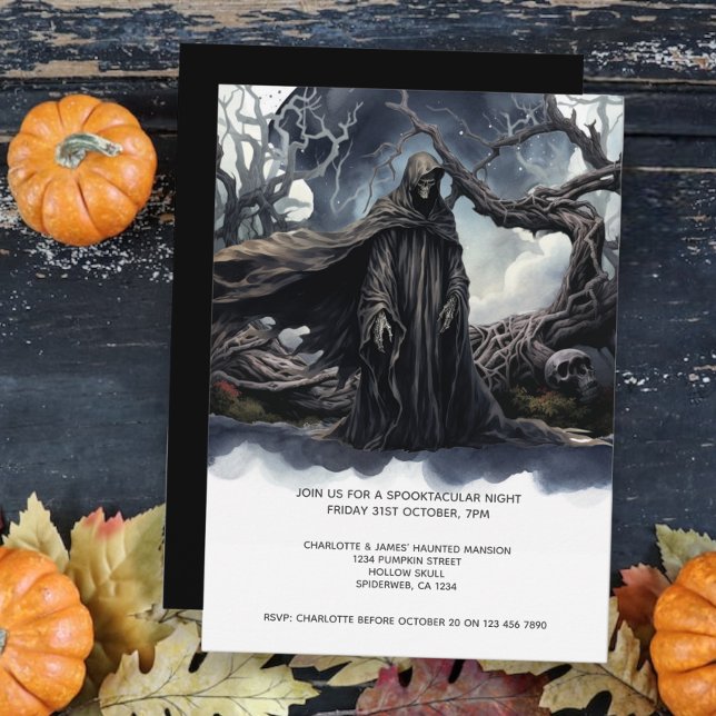 Halloween Grim Reaper Inbjudningar (Halloween Grim Reaper Invitation from Ricaso. A spooky haunting scene ideal for your Hallows Eve)