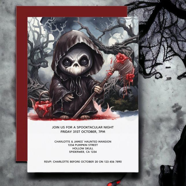 Halloween Grim Reaper Inbjudningar (Halloween Grim Reaper Invitation from Ricaso. Features a cute grim reaper with a bloody scythe)