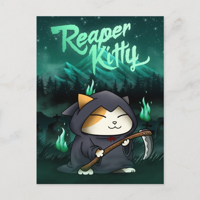 Halloween Grim Reaper Kattunge Helg Vykort (Framsida)