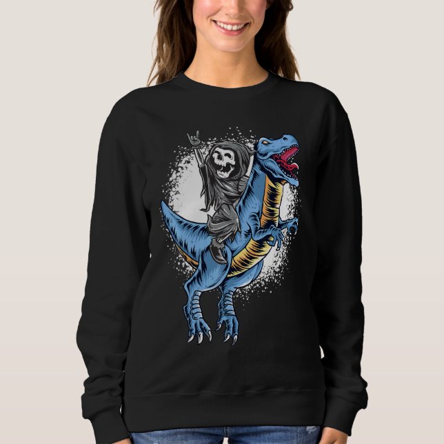 Halloween Grim Reaper Rocker Riding T Rex Dinosaur T Shirt (Framsida)