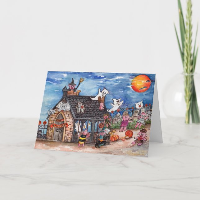 Halloween grisbus eller godis, spökenvattenfärg helgkort (Framsida)