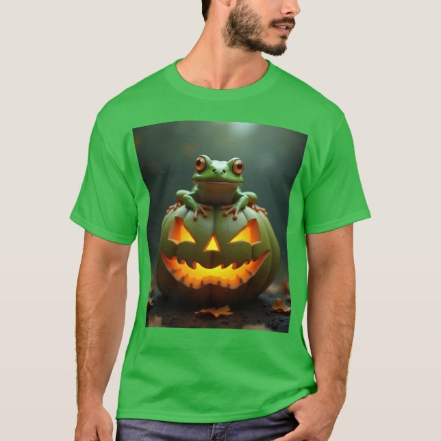 Halloween grön pumpa och groda t shirt (Framsida)