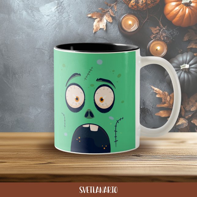 Halloween Grön Skrämmande Zombie Kaffemugge Två-Tonad Mugg (Frontal view)