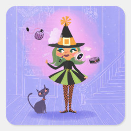 Halloween Grönt Hair Witch Lavender & Rosa Fyrkantigt Klistermärke