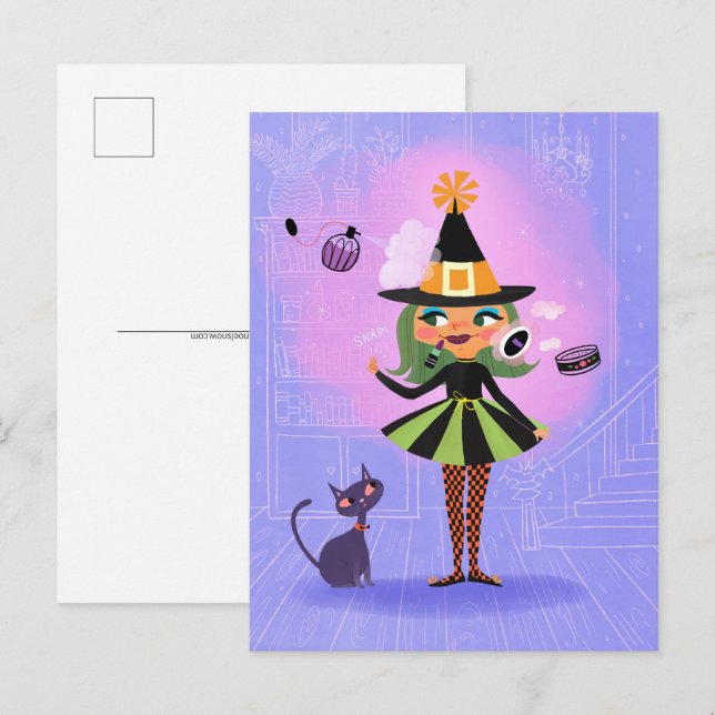 Halloween Grönt Hair Witch Lavender & Rosa Vykort (Fram/baksida)