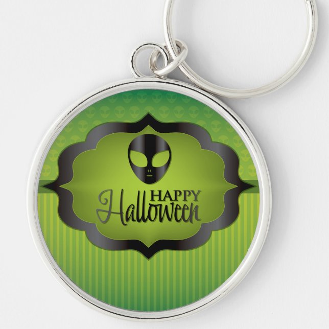 Halloween-grönt utomjording rund silverfärgad nyckelring (Framsidan)