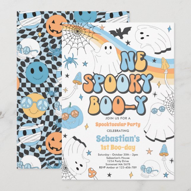 Halloween Groovy Cute Ghost 1:a Birthday Party Inbjudningar (Fram/baksida)