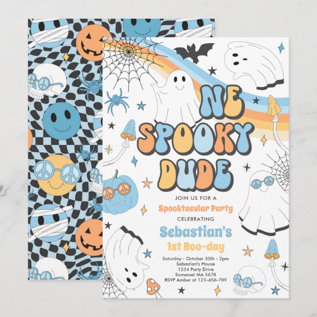 Halloween Groovy Cute Ghost 1:a Birthday Party Inbjudningar (Fram/baksida)