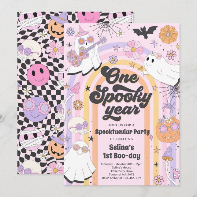 Halloween Groovy Cute Ghost 1:a Birthday Party Inbjudningar (Fram/baksida)