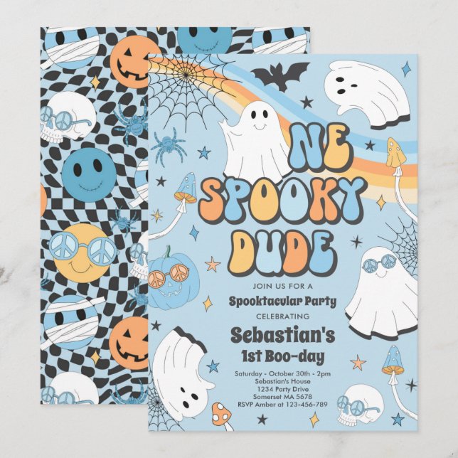 Halloween Groovy Cute Ghost 1:a Birthday Party Inbjudningar (Fram/baksida)