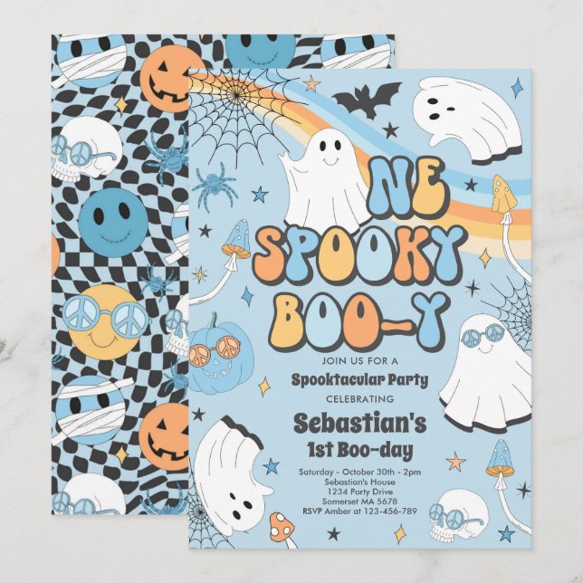 Halloween Groovy Cute Ghost 1:a Birthday Party Inbjudningar (Fram/baksida)