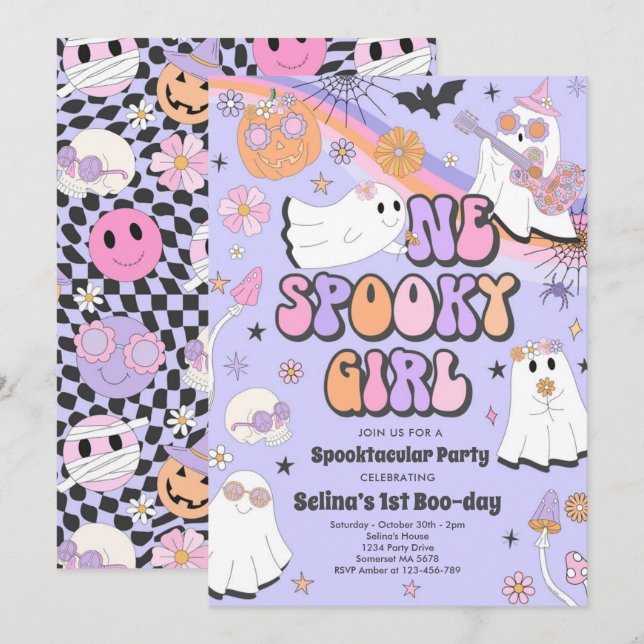 Halloween Groovy Cute Ghost 1:a Birthday Party Inbjudningar (Fram/baksida)